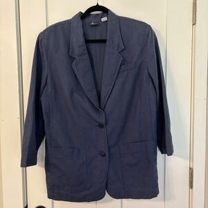 Vintage 90s Lizsport Navy Blue Linen Blend Blazer Jacket Medium Relaxed Fit Chic